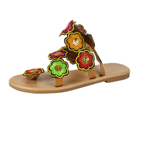 Virmaxy Womens Flat Sandals Summer Plus-size Ethnic Style Flower Clip-toe Beach Flat Sandals Green 41
