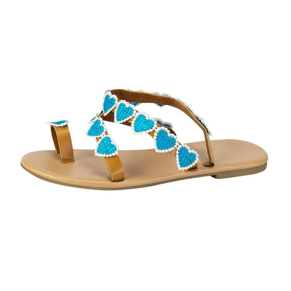 Virmaxy Womens Flat Sandals Summer Plus-size Ethnic Style Love Pinch Toe Beach Flat Sandals Blue 36
