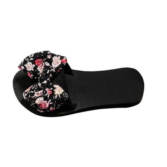 Virmaxy Womens Flat Sandals Women's New Summer One-line Floral Bow Over Flat Sandals Black 35