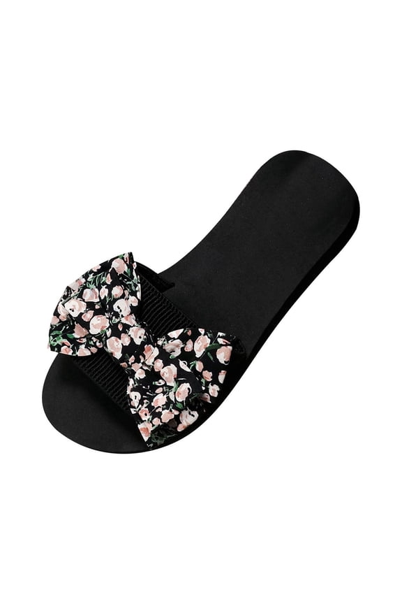 Womens Flat Sandals Women's New Summer One-line Floral Bow Over Flat Sandals Black 36