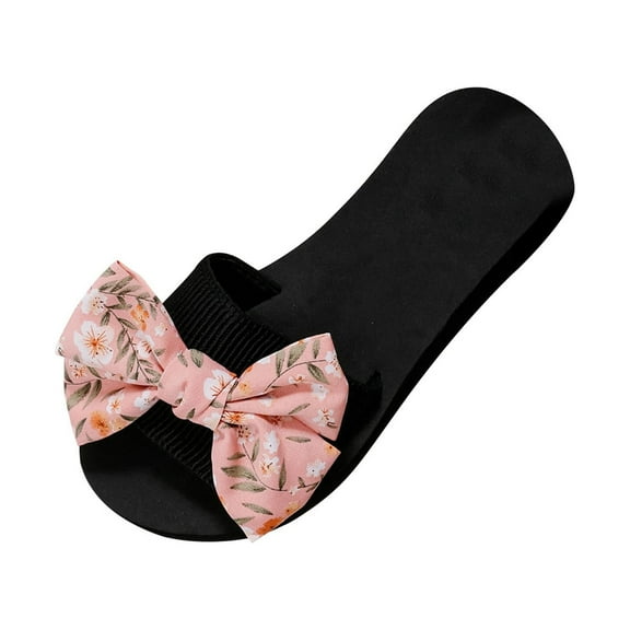 Virmaxy Womens Flat Sandals Women's New Summer One-line Floral Bow Over Flat Sandals Pink 39