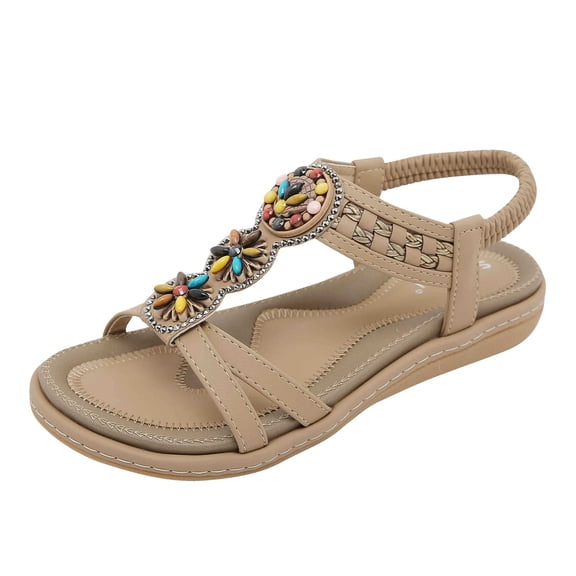 Virmaxy Womens Flat Sandals Women's Summer New Floral Elastic Casual Seaside Beach Flat Sandals Beige 37