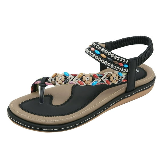 Virmaxy Womens Flat Sandals Women's Summer New Floral Elastic Casual Seaside Beach Flat Sandals Black 36
