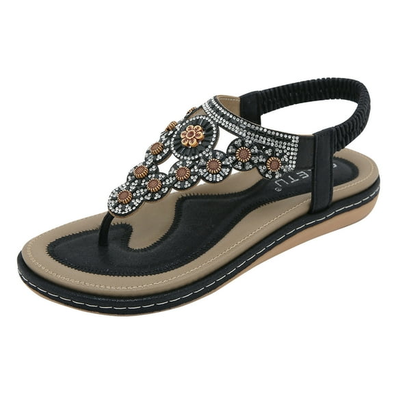 Virmaxy Womens Flat Sandals Women's Summer New Floral Elastic Casual Seaside Beach Flat Sandals Black 36