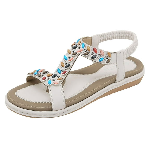 Virmaxy Womens Flat Sandals Women's Summer New Floral Elastic Casual Seaside Beach Flat Sandals White 36