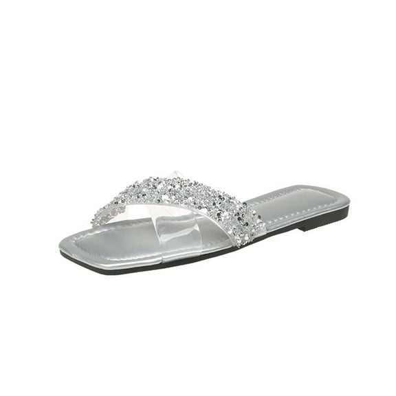 Virmaxy Womens Flat Sandals Women's Summer New Large Size Clear Rhinestones A Line To Wear Beach Slippers And Light Sandals Silver 37