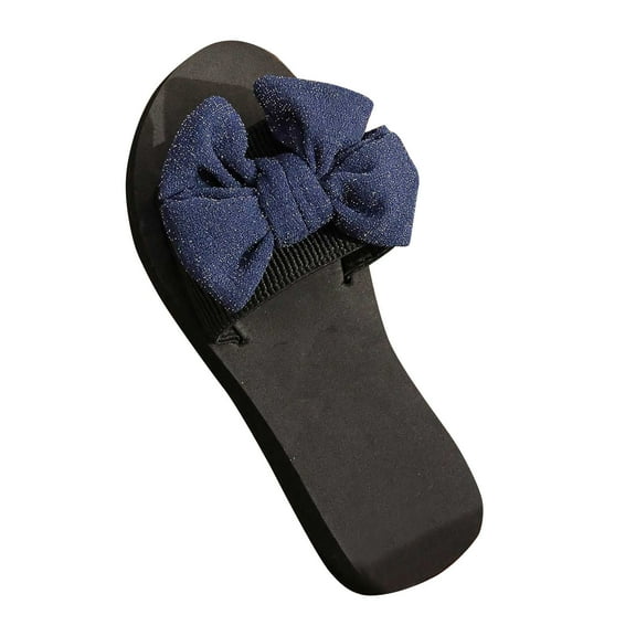 Virmaxy Womens Flat Sandals Women's Summer New One-line Rhinestone Pearl Bow Over Flat Sandals Blue 35