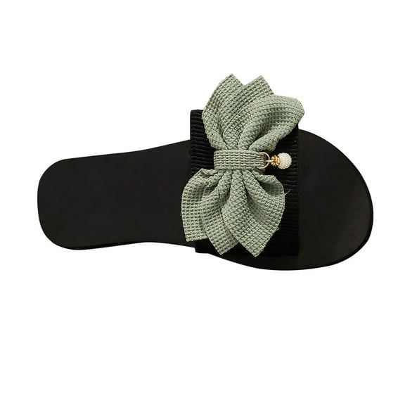 Virmaxy Womens Flat Sandals Women's Summer New One-line Rhinestone Pearl Bow Over Flat Sandals Green 35