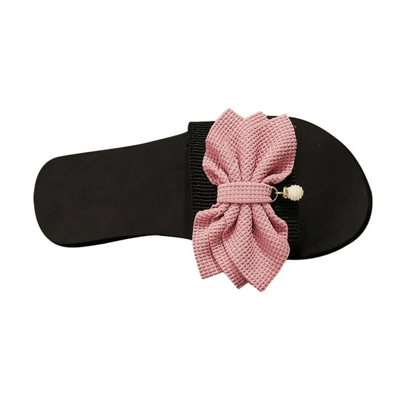 Virmaxy Womens Flat Sandals Women's Summer New One-line Rhinestone Pearl Bow Over Flat Sandals Pink 42