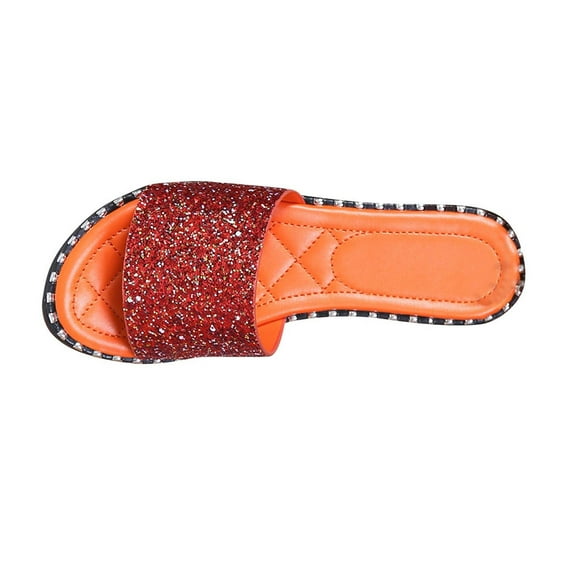 Virmaxy Womens Flat Sandals Women's Summer New Plus Size Frosted Sequin Line Over Beach Flats Light Sandals Red 38