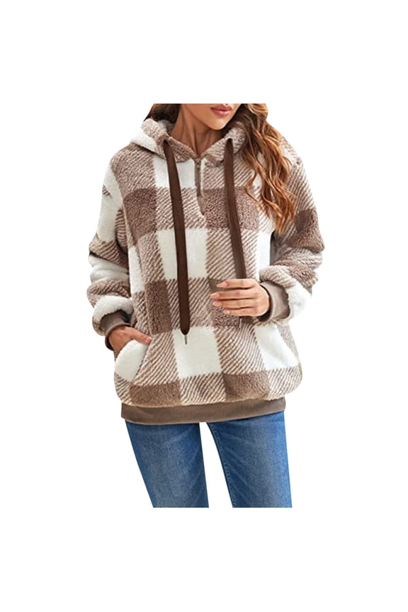 Womens Half Zip Hoodies Sweatshirts Quarter Zipper Fuzzy Fleece Hooded Blouse Plaid Printed Long Sleeve Pullover Plush Outwear Tops Khaki XS