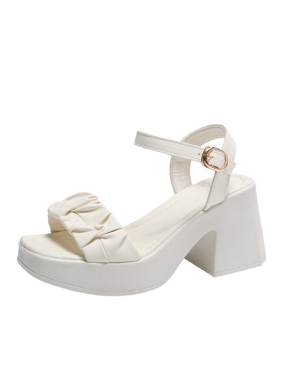 Womens High Heel Summer Solid Color One-line Strappy Beach Sandals White 35