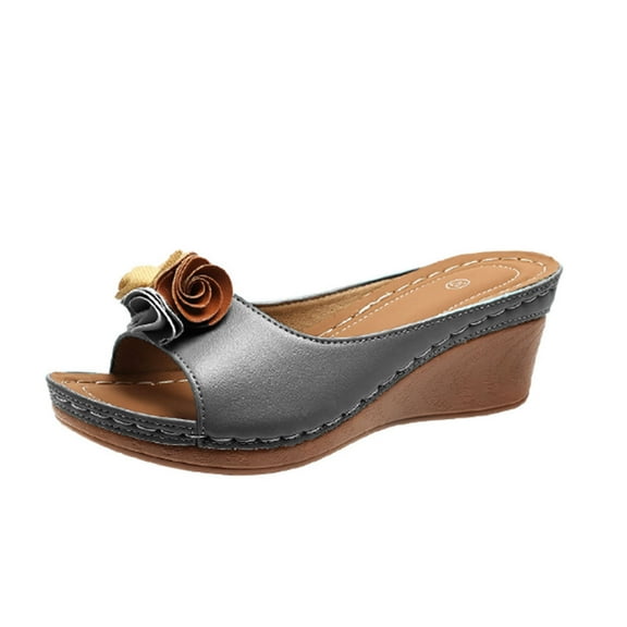 Virmaxy Womens High Heel Women's Plus Size Spring/summer Fashion Flower Fish Mouth Beach Chunky Heels Sandals Gray 36