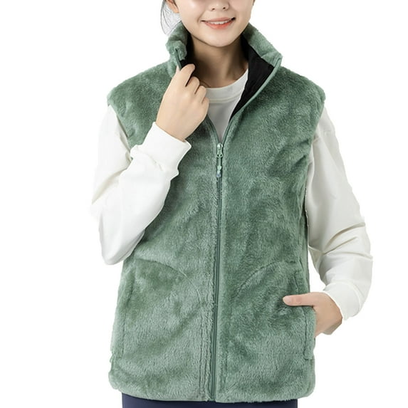 Virmaxy Womens And Mens Heated Vest Double Control 9 Areas Heating Vest With Pocket Full Zip Up Shearling Fuzzy Tops Winter Sleeveless Stand-up Collar Fashion Vest Green S