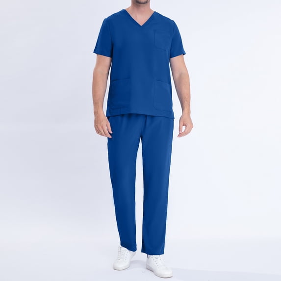 Virmaxy Womens Mens Solid Scrubs Set Workwear Separate Set Unisex Solid Scrubs Medical Uniform Joggers Set V-Neck Pocket Side Split Top Uniforms Athletic Stretch Set Blue-B M