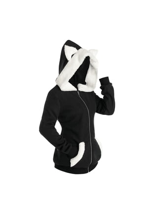 Womens Mens Winter Sherpa Lined Hoodies Cute Cat Ear Fuzzy Fleece Hooded Shacket Full Zip up Solid Plush Outwear with Pocket Robbie Cuffs Open Front Cosplay Plush Jacket Black S
