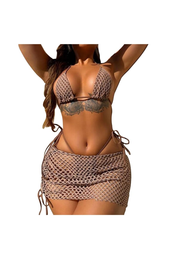 Womens New Alluring Thong Micro Bikini Seductive Fishnet Two Piece Bathing Suit Tie Side String Thong Alluring Swimwear Hollow Out Mesh Wrap Skirt Swimsuit Khaki M