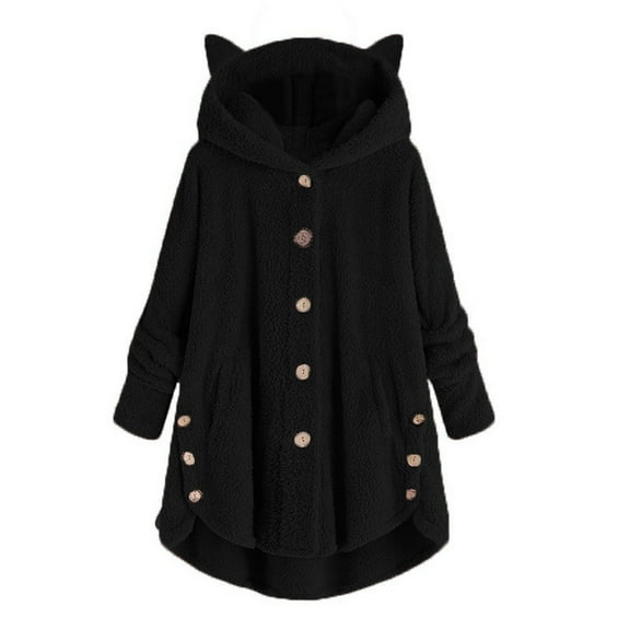 Virmaxy Womens Oversized Hoodies Fleece Sweatshirts Solid Color Fuzzy Fleece Cat Ear Hooded Jacket Long Sleeve Loose Button Side Coat Black-B S
