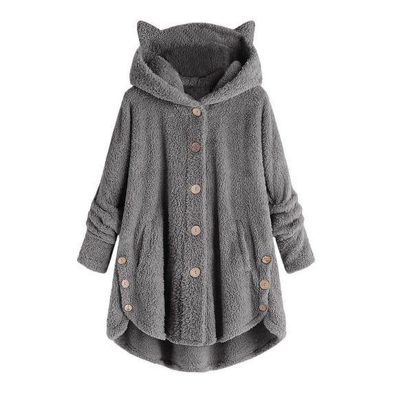 Virmaxy Womens Oversized Hoodies Fleece Sweatshirts Solid Color Fuzzy Fleece Cat Ear Hooded Jacket Long Sleeve Loose Button Side Coat Dark Gray-A 4XL