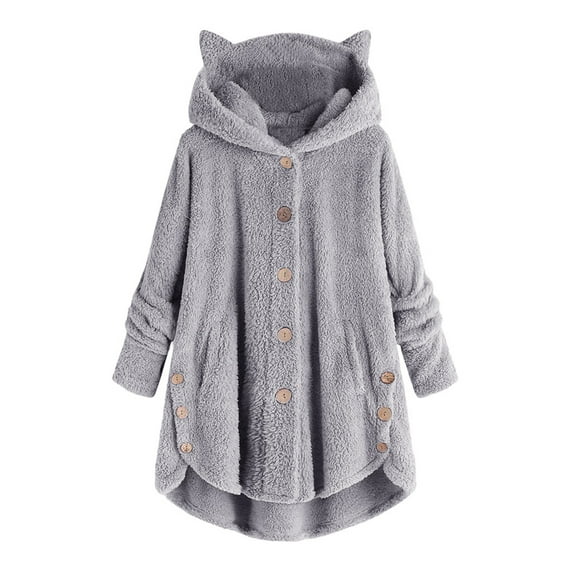 Virmaxy Womens Oversized Hoodies Fleece Sweatshirts Solid Color Fuzzy Fleece Cat Ear Hooded Jacket Long Sleeve Loose Button Side Coat Gray-A L
