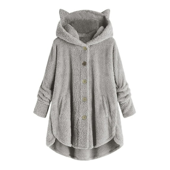 Virmaxy Womens Oversized Hoodies Fleece Sweatshirts Solid Color Fuzzy Fleece Cat Ear Hooded Jacket Long Sleeve Loose Button Side Coat Gray-B 2XL