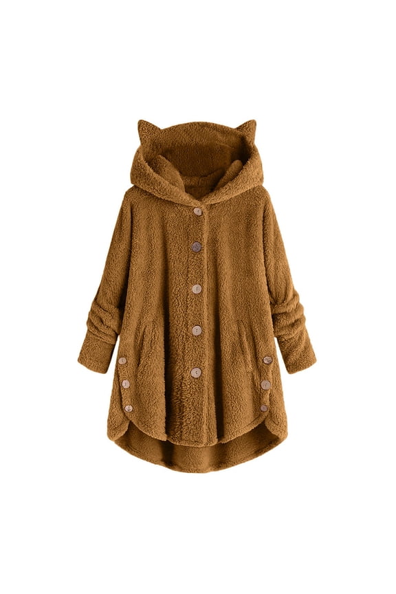 Womens Oversized Hoodies Fleece Sweatshirts Solid Color Fuzzy Fleece Cat Ear Hooded Jacket Long Sleeve Loose Button Side Coat Khaki M