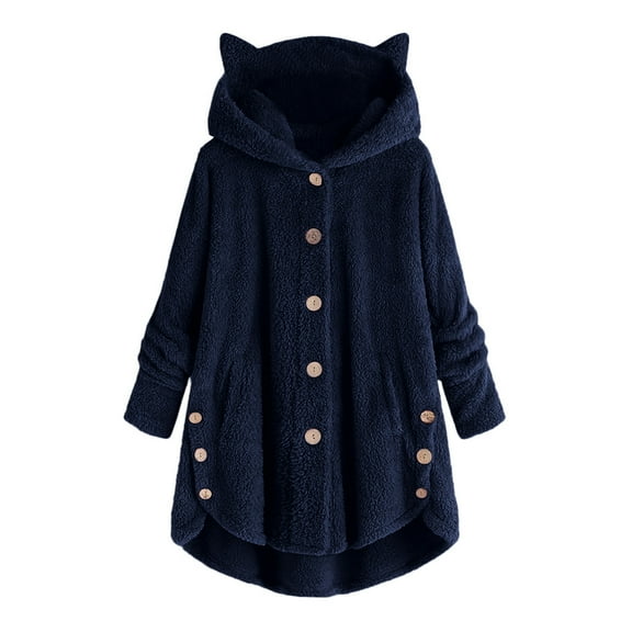 Virmaxy Womens Oversized Hoodies Fleece Sweatshirts Solid Color Fuzzy Fleece Cat Ear Hooded Jacket Long Sleeve Loose Button Side Coat Navy-A 3XL