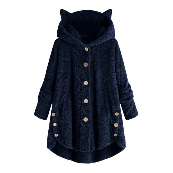 Virmaxy Womens Oversized Hoodies Fleece Sweatshirts Solid Color Fuzzy Fleece Cat Ear Hooded Jacket Long Sleeve Loose Button Side Coat Navy-B XL