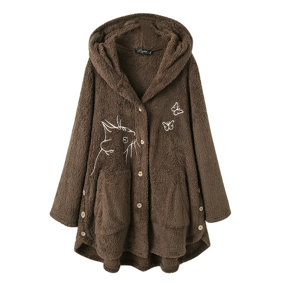 Virmaxy Womens Oversized Solid Sherpa Fleece Hoodies Cute Cat Butterfly Embroider Hooded Cardigan Button Long Sleeve Fuzzy Fleece Blouse Side Button Plush Jacket Brown M