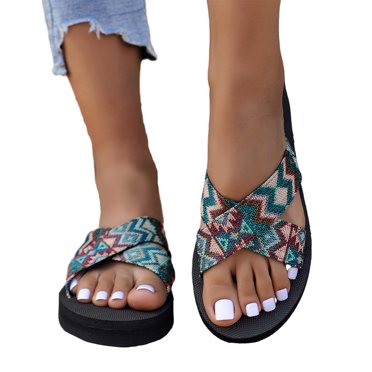 Virmaxy Womens Platform Sandals Large Women's Thick Sole Sandals Termu Colorful Pattern Fashion And Leisure Green 35