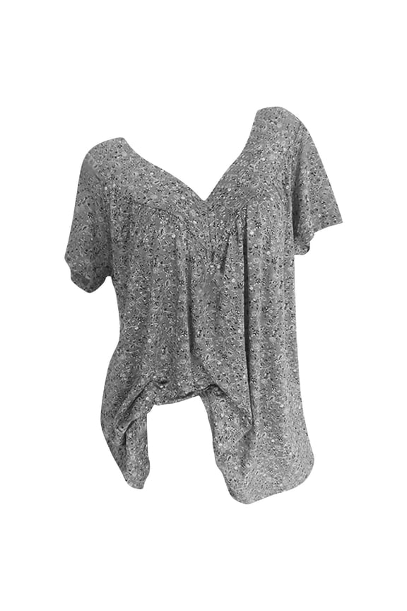 Womens Plus Size Sequin Dress Tops V Neck Short Sleeve Floral Graphic Tunic Tops Spring Summer Lightweight Pleated Front Dressy Tops Swing Shirt Gray M