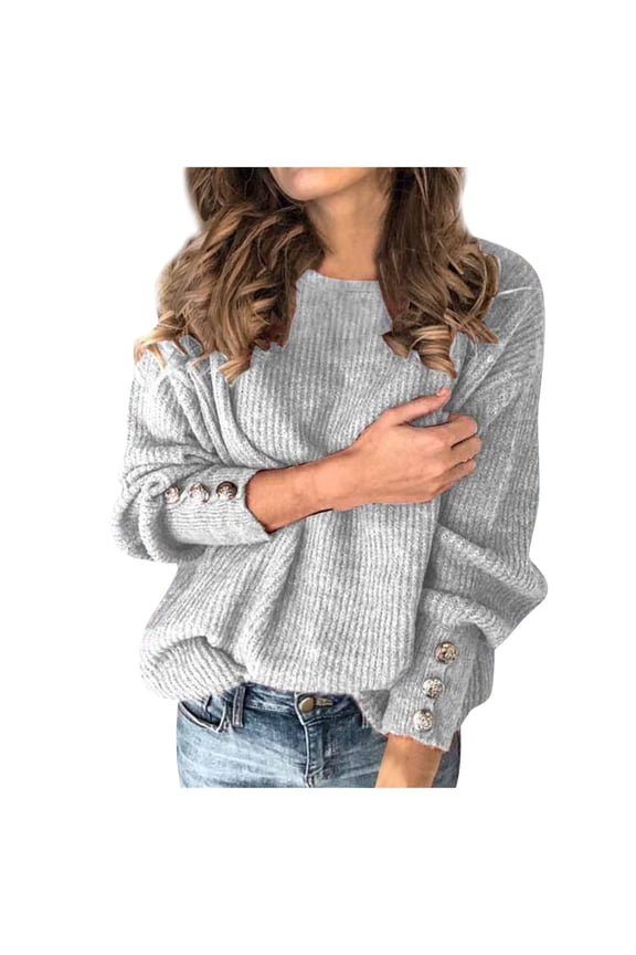 Womens Ribbed Knit Drop Shoulder Sweater Soft Comfortable Loose Fit Long Sleeve Round Neck Pullover with Metallic Button Cuff for Casual Wear S-XXXXXL,White