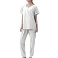 thumbnail image 1 of Virmaxy Womens Solid Scrubs Set Workwear Separate Set Medical Uniform V Neck Pocket Tops with Jogger Pant Scrubs Set White XL, 1 of 2