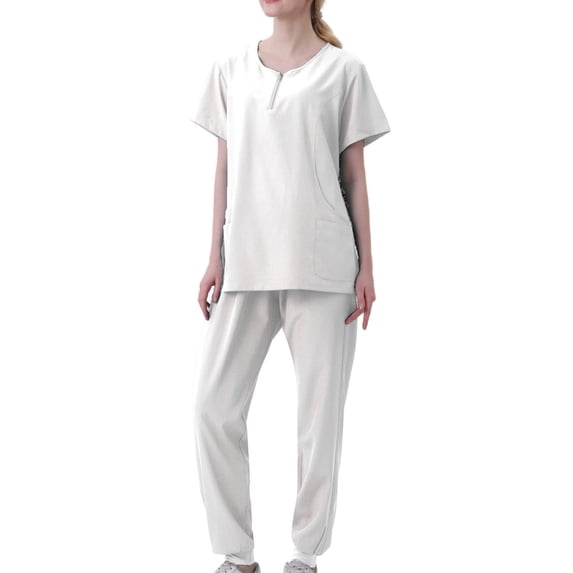 Virmaxy Womens Solid Scrubs Set Workwear Separate Set Medical Uniform V Neck Pocket Tops with Jogger Pant Scrubs Set White XL