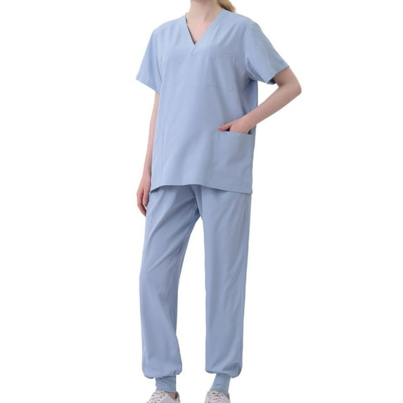 Virmaxy Womens Solid Scrubs Set Workwear Separate Set V Neck Pocket Tops with Jogger Pant Stretch Jogger Scrub Set Light Blue M