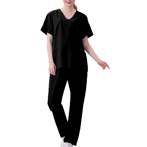 Virmaxy Womens Solid Scrubs Set Workwear Separate Set V Neck Pocket Tops with Jogger Pant Stretch Jogger Scrub Set Medical Uniform Black S