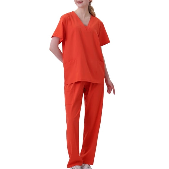 Virmaxy Womens Solid Scrubs Set Workwear Separate Set V Neck Pocket Tops with Jogger Pant Stretch Jogger Scrub Set Medical Uniform Orange L