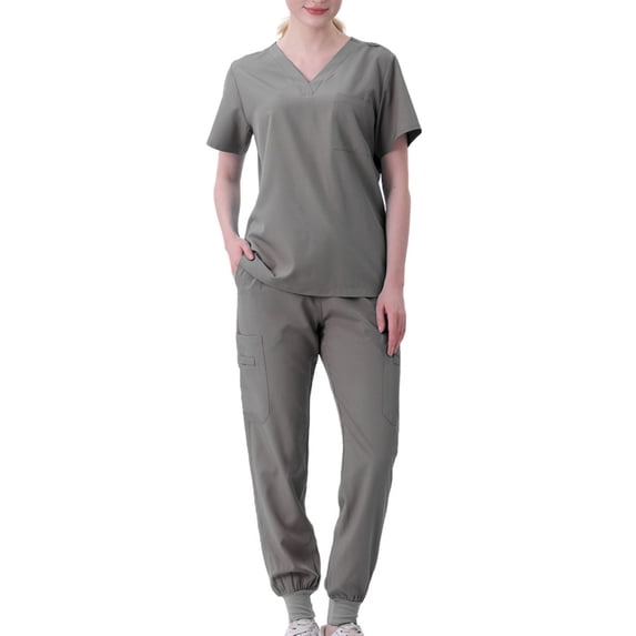 Virmaxy Womens Solid Scrubs Set Workwear Separate Set V Neck Short Sleeve Pocket Tops with Jogger Pant Stretch Jogger Scrub Set Gray XL