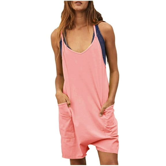 Virmaxy Womens Solid Sling Jumpsuit Women's Scoop Solid Neck Sleeveless Casual Short Jumpsuit Rompers With Pockets Pink XS