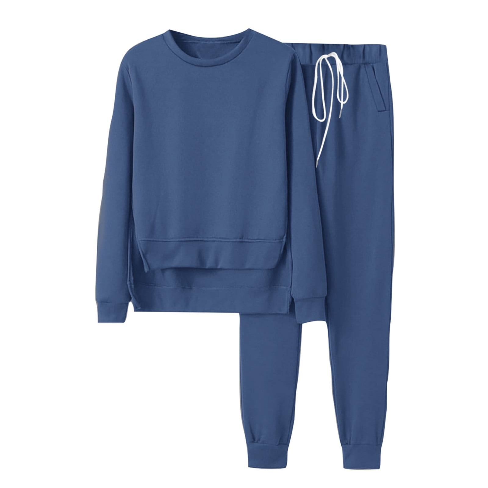 Virmaxy Womens Solid Sweatshirt 2PC Set Sweatsuits 2 Piece Outfits Crew Neck Sweatshirt Sweatpant Tracksuit Fall Irregular Hem Pullover Lounge Sets Blue-A XL