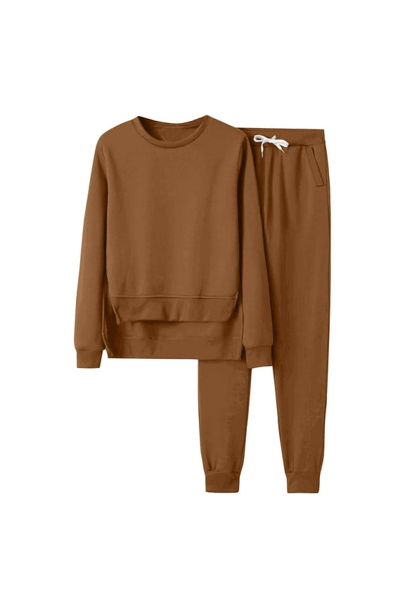 Womens Solid Sweatshirt 2PC Set Sweatsuits 2 Piece Outfits Crew Neck Sweatshirt Sweatpant Tracksuit Fall Irregular Hem Pullover Lounge Sets Khaki-B XXL