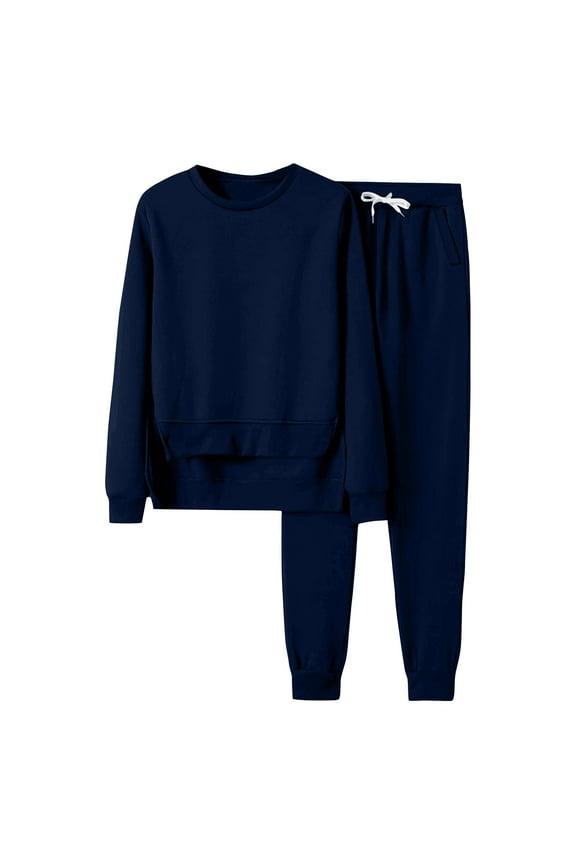 Womens Solid Sweatshirt 2PC Set Sweatsuits 2 Piece Outfits Crew Neck Sweatshirt Sweatpant Tracksuit Fall Irregular Hem Pullover Lounge Sets Navy XL