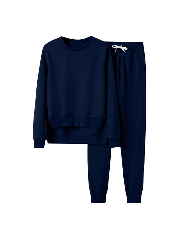 Womens Solid Sweatshirt 2PC Set Sweatsuits 2 Piece Outfits Crew Neck Sweatshirt Sweatpant Tracksuit Fall Irregular Hem Pullover Lounge Sets Navy XL