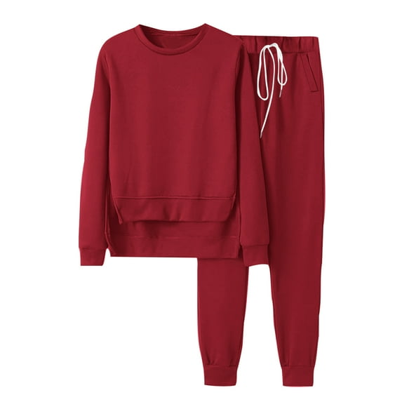 Virmaxy Womens Solid Sweatshirt 2PC Set Sweatsuits 2 Piece Outfits Crew Neck Sweatshirt Sweatpant Tracksuit Fall Irregular Hem Pullover Lounge Sets Red XXL
