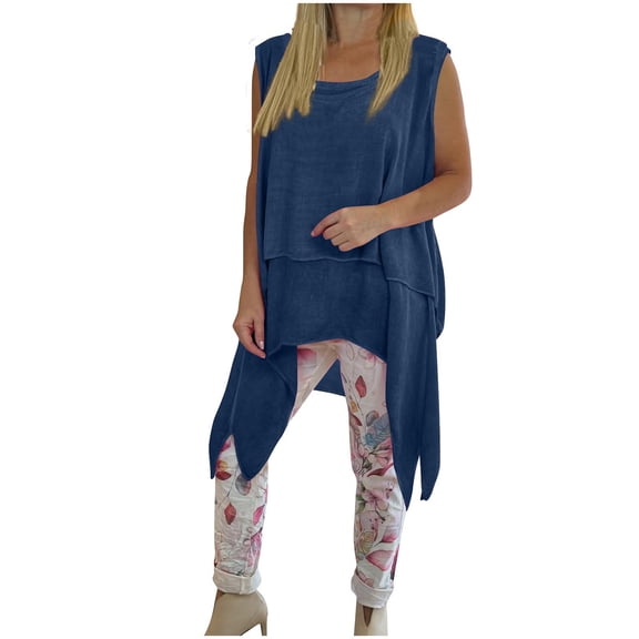 Virmaxy Womens Spliced Hem Tank Top Round Neck Tailored Longline Tank Tops with Raw Edge Detail Contrast Panel Modern Base Layer for Casual Layering Blue M