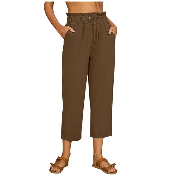 Virmaxy Womens Straight-Leg Capris Pants Cotton Linen Loose Pants Button Elasticated Waist Casual Straight Leg Pants Seven Pants Coffee XL