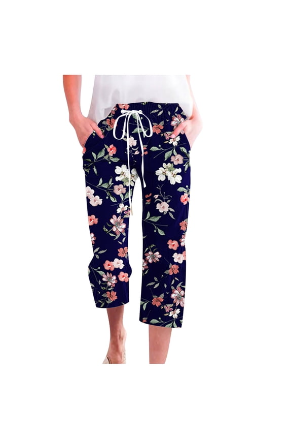 Womens Straight-Leg Capris Pants Fall Hemp Print Loose Fashion Drawstring Trousers Seven-Quarter Trousers Long Trousers Multicolor-D M