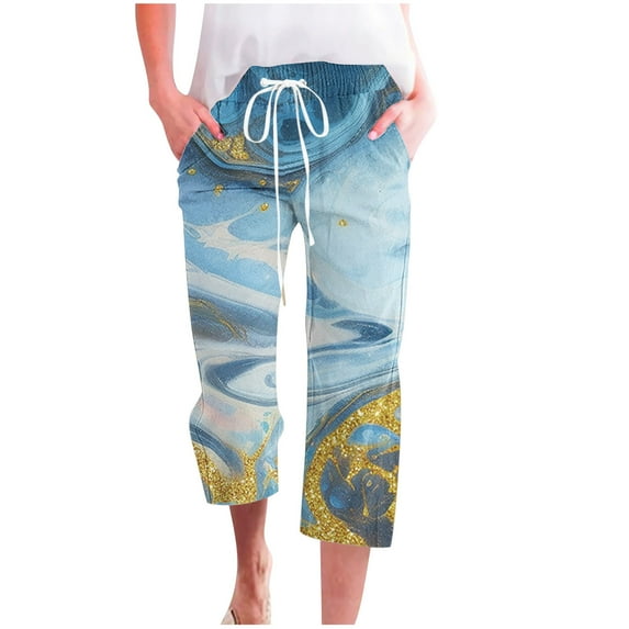 Virmaxy Womens Straight-Leg Capris Pants Fall Hemp Print Loose Fashion Drawstring Trousers Seven-Quarter Trousers Long Trousers Multicolor-K M