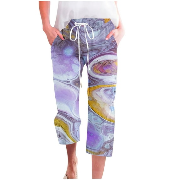 Virmaxy Womens Straight-Leg Capris Pants Fall Hemp Print Loose Fashion Drawstring Trousers Seven-Quarter Trousers Long Trousers Multicolor-L XS