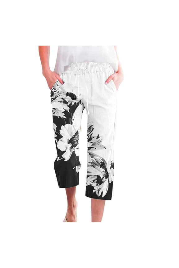 Womens Straight-Leg Capris Pants Fall Hemp Print Loose Fashion Drawstring Trousers Seven-Quarter Trousers Long Trousers Multicolor-S L